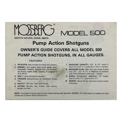 Mossberg Model 500 Pump Action Shotgun all gauges owner&#39;s manual 1960-70