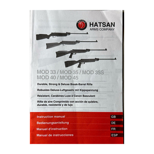Hatsan Arms Mod 33, 35,35s, 40, 45  Pellet Rifle Owner's manual 5 languages